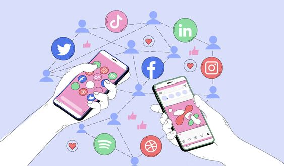 Illustration of two hands holding smartphones with various social media app icons on the screens, including Facebook, Twitter, Instagram, LinkedIn, TikTok, and Spotify. The background features interconnected social media icons and avatars, representing a network of digital connections and interactions. The color scheme is predominantly light blue and pink.