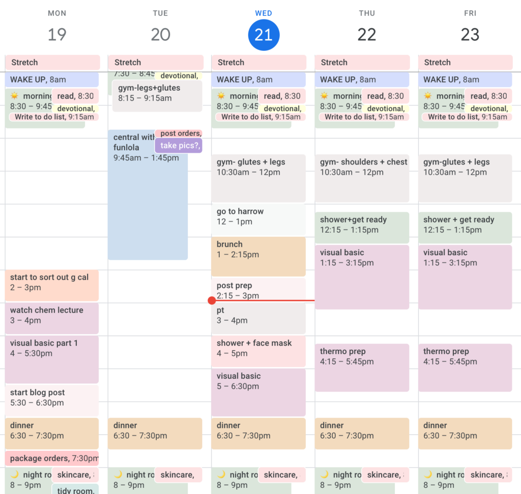 Digital calendar showing a detailed schedule. Each day includes a mix of activities.