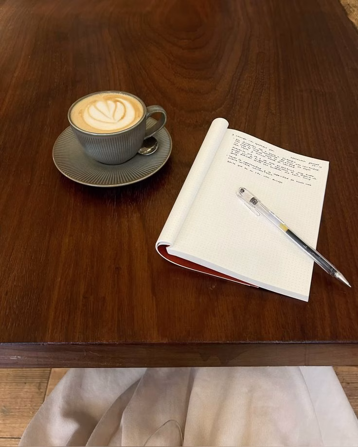 Coffee cup and open notebook on a wooden table